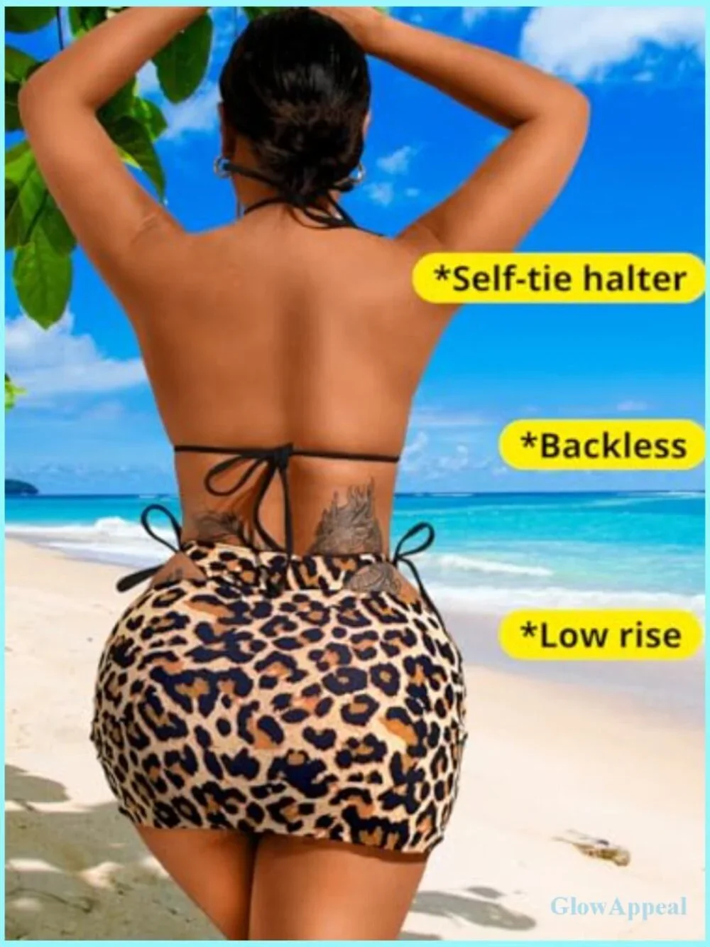 3 Piece Leopard Bikini Set with Coverup Skirt Triangle String Thong Swimwear